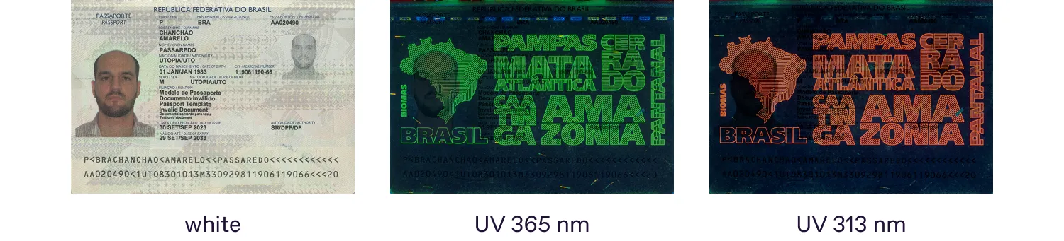 Brazilian passport under white and UV light